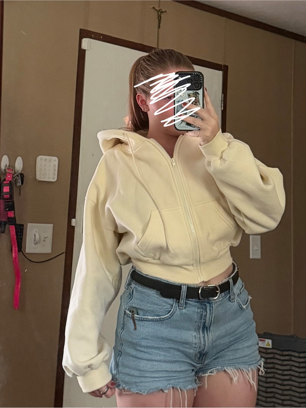 Cropped Cream Zip-Up Hoodie with Hood - Women Tops